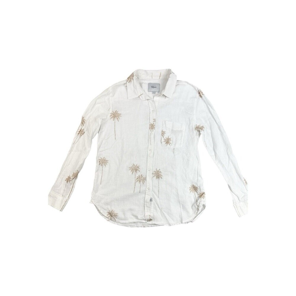 Rails Charli Palm Tree Linen Blend Button Front Shirt Rose Gold Palm Print M